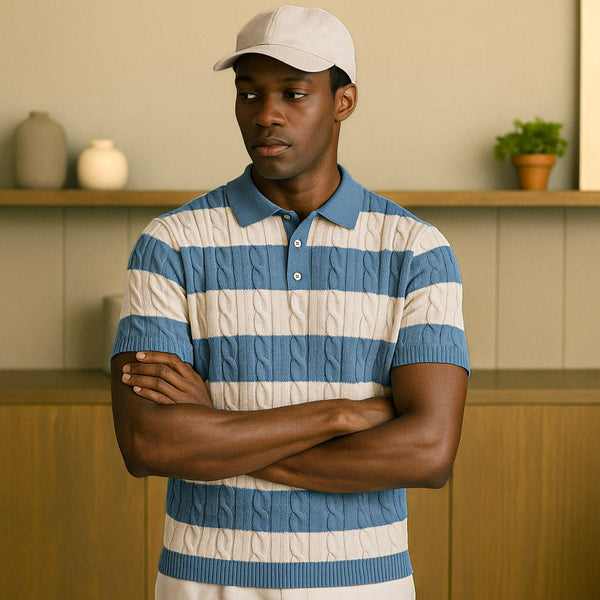 Men’s Capri Striped Knit Polo – Short Sleeve Cable Texture with Classic Collar