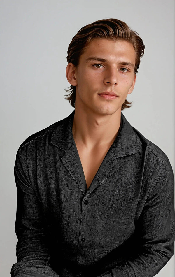Men’s Black Linen Beach Shirt – Lightweight, Textured Weave for Effortless Summer Style