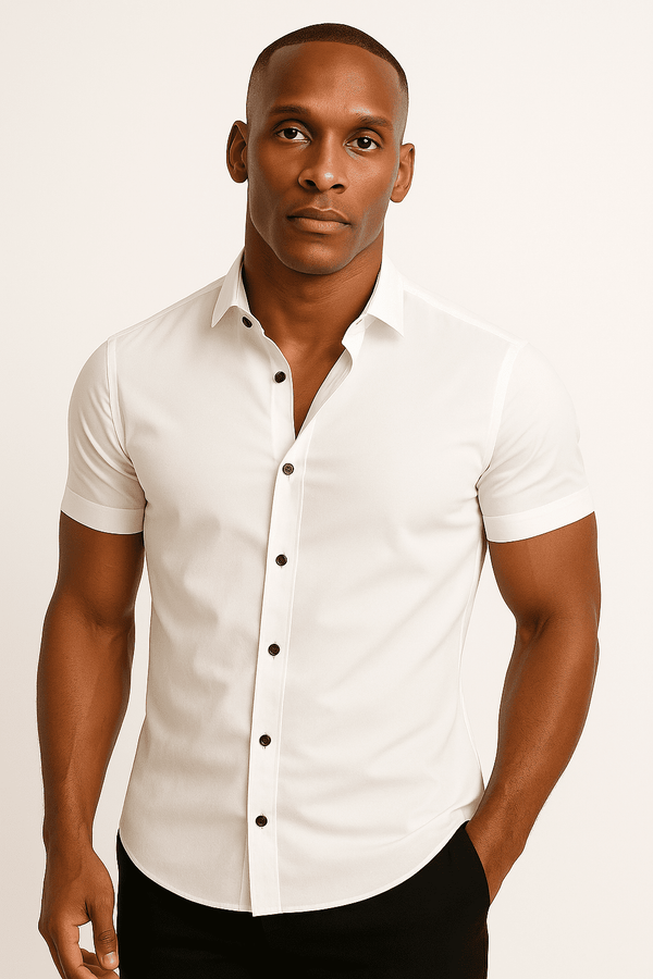 Men’s Athletic Fit Stretch Shirt – Short Sleeve, Tapered Performance Cotton