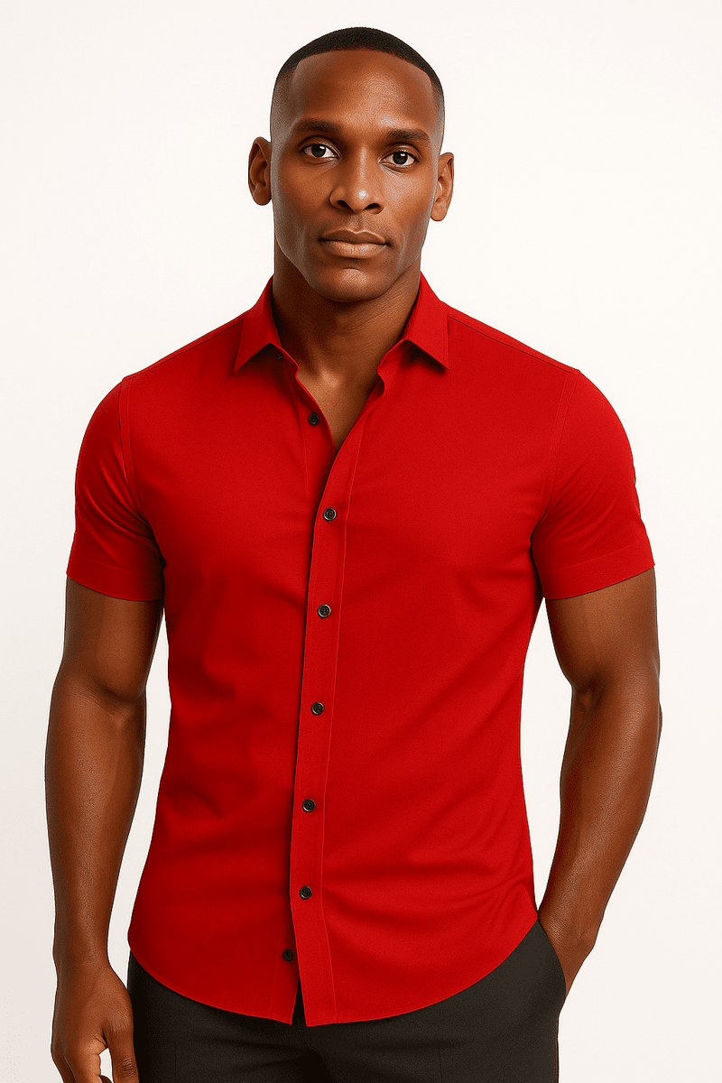 Men’s Athletic Fit Stretch Shirt – Short Sleeve, Tapered Performance Cotton