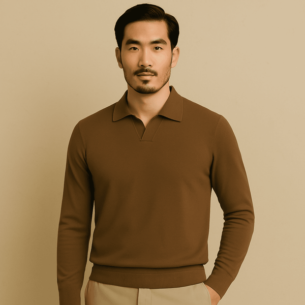 Men’s Toscana Knitted Long Sleeve Polo – Refined V-Neck Sweater Style with Classic Collar