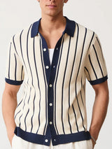 Men’s White Striped Knit Polo Shirt – Short Sleeve Viscose with Contrast Collar