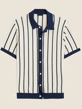 Men’s White Striped Knit Polo Shirt – Short Sleeve Viscose with Contrast Collar