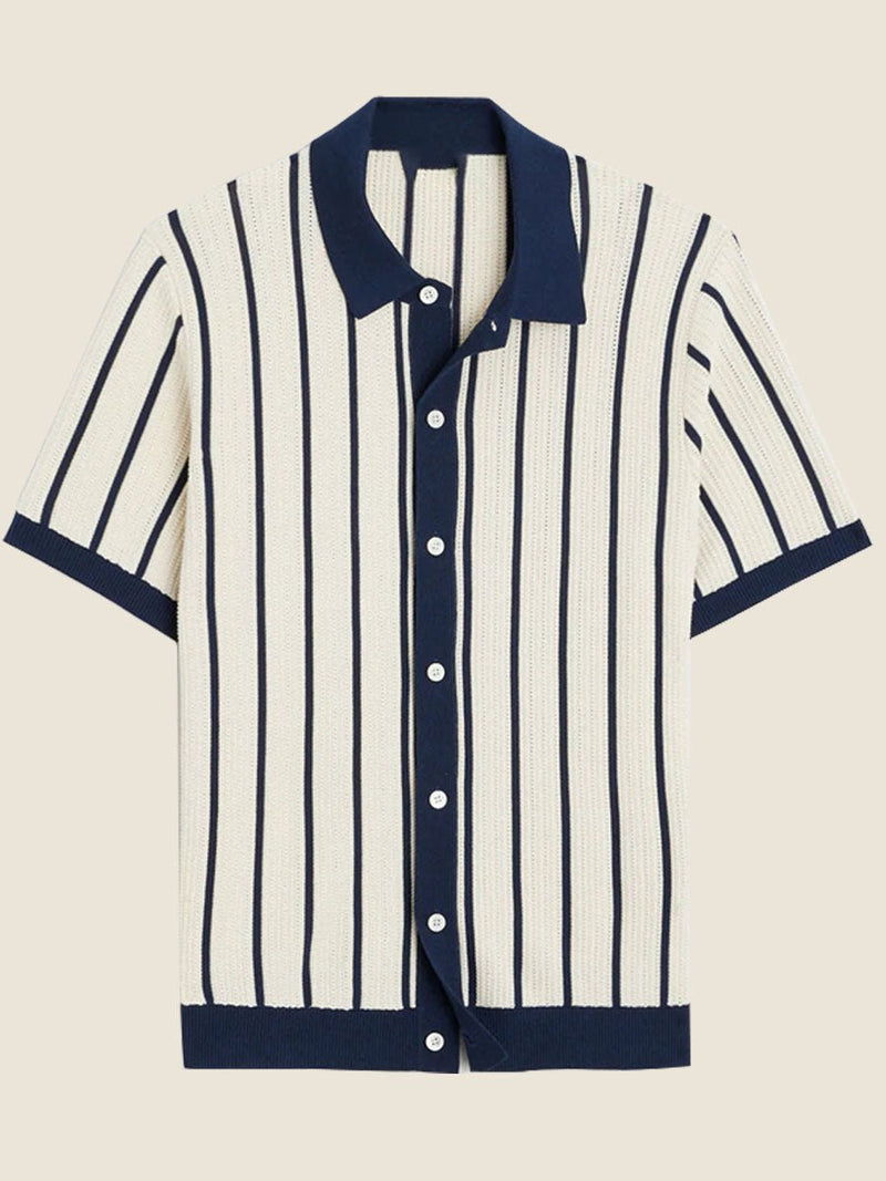 Men’s White Striped Knit Polo Shirt – Short Sleeve Viscose with Contrast Collar