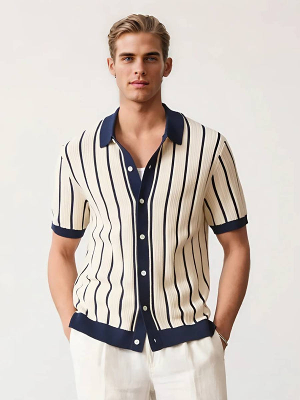 Men’s White Striped Knit Polo Shirt – Short Sleeve Viscose with Contrast Collar
