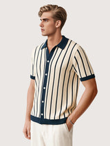 Men’s White Striped Knit Polo Shirt – Short Sleeve Viscose with Contrast Collar