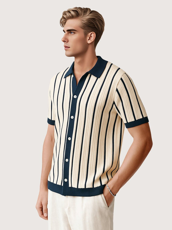 Men’s White Striped Knit Polo Shirt – Short Sleeve Viscose with Contrast Collar