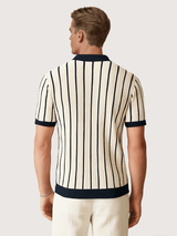 Men’s White Striped Knit Polo Shirt – Short Sleeve Viscose with Contrast Collar